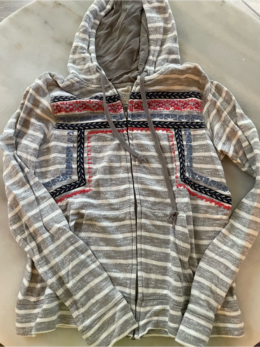 Lucky Brand Gray & White Striped Hooded Zip Sweatshirt with Navy & Red Trim